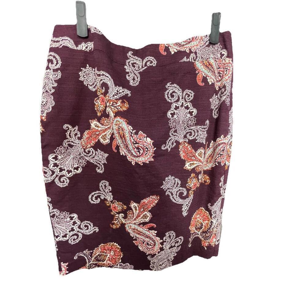 Ann Taylor Pencil Skirt Womens Sz 8 Burgundy Paisley Fully Lined Cotton Back Zip